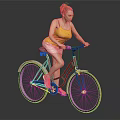 Woman Riding Red Bicycle In Yellow Tank Top White Shorts Pink Sneakers Gray Background