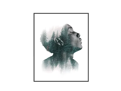 Portrait Painting Double Exposure Technique With Forest Trees And Water Reflection 3d model