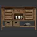 Rustic Wooden Cabinet With Shutter Doors Drawer And Wicker Baskets Tray Holding Mug And Plate