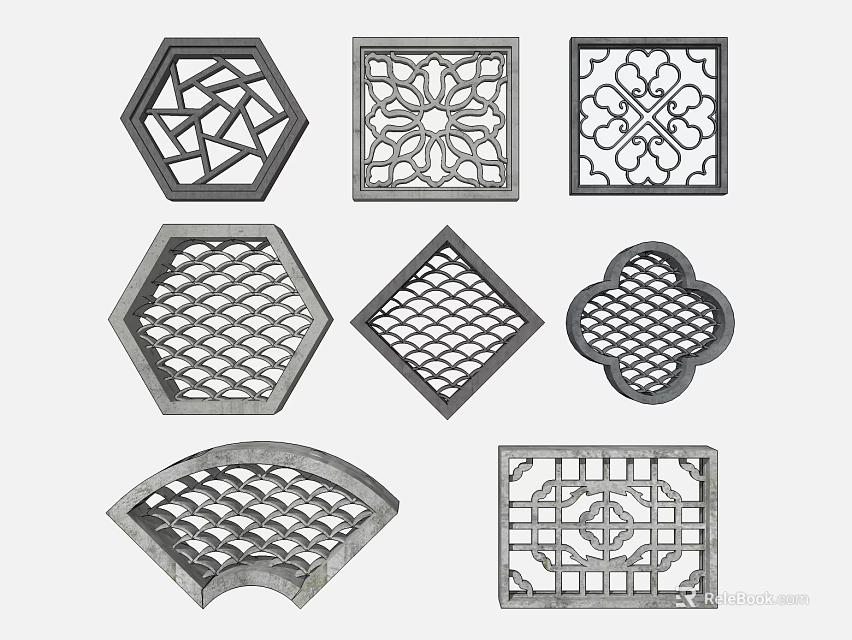 Traditional Ornate Lattice Windows Featuring Various Geometric Shapes and Decorative Patterns 3d model 