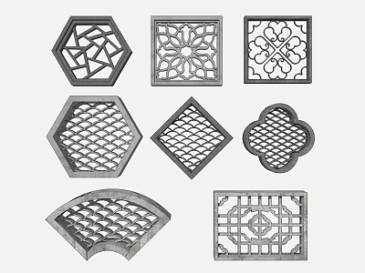 Traditional Ornate Lattice Windows Featuring Various Geometric Shapes and Decorative Patterns 3d model