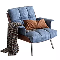 Modern Comfortable Blue Accent Chair With Wooden Frame Brown Cushion Striped Blanket And Metal Legs