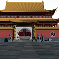 Ancient Chinese Architecture With Arched Gateway Red Walls Yellow Tiled Roof And Stone Lions