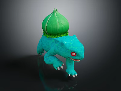 Blue Lizard Like Creature with Red Eyes Green Bulb on Back and Green Leaves 3d model