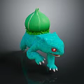 Blue Lizard Like Creature with Red Eyes Green Bulb on Back and Green Leaves