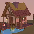 Cartoon Scene of Waterfront Wooden Cabin With Thatched Roof Lanterns Life Preserver and Dock