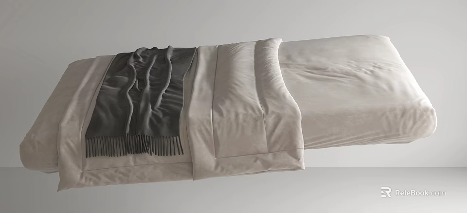 Comfortable Modern Mattress With Gray Fringed Blanket And Light Colored Quilt 3d model 