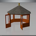 Wooden Gazebo Structure With Gray Roof Golden Finial Open Door And Glass Windows