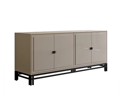 Modern Minimalist Beige Console Cabinet With Black Metal Legs And Glass Doors 3d model