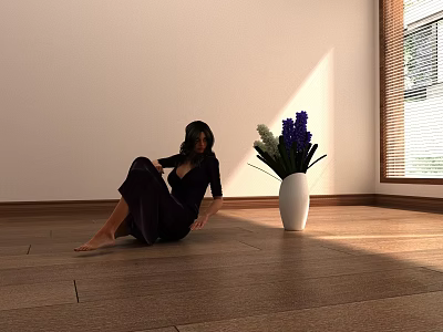 Woman Sitting on Wooden Floor Near White Vase With Purple White Flowers and Sunlight 3d model