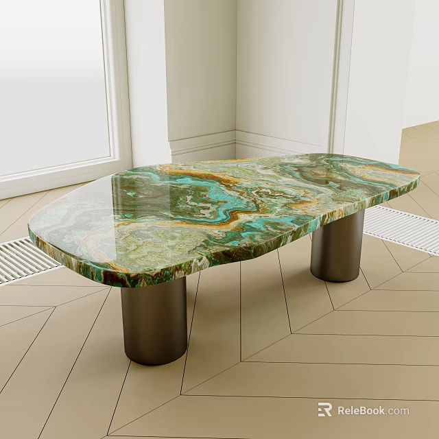 Luxurious Green Blue Veined Marble Coffee Table With Modern Metal Legs In Living Room 3d model 