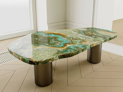 Luxurious Green Blue Veined Marble Coffee Table With Modern Metal Legs In Living Room 3d model