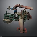 Industrial Piping Equipment With Green Metal Frame Red Blue Pipes And Valves