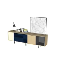 Modern TV Stand With Beige Blue Black Storage Cabinets Abstract Painting Table Lamp And Books