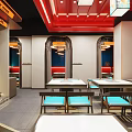 Modern Hotpot Restaurant Interior Design With Red Ceiling Chandeliers Blue Chairs And Dining Tables