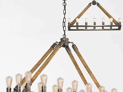 Rope Detailed Linear Metal Frame Chandelier With Multiple Clear Glass Bulbs Hanging From Ceiling 3d model