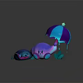 Cute Purple And Blue Cartoon Creatures Playing On Glowing Blue Water Area With Colorful Umbrella