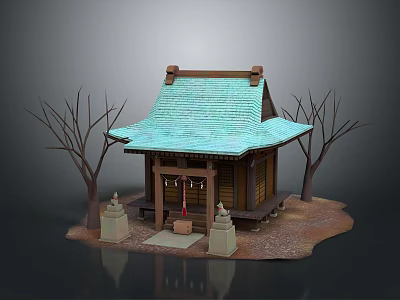 Cartoon Scene of Japanese Wooden House With Green Roof Bare Trees and Stone Lanterns 3d model