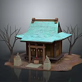 Cartoon Scene of Japanese Wooden House With Green Roof Bare Trees and Stone Lanterns