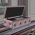 Pink Tufted Storage Ottoman With Open Lid Checkered Cushion Silver Legs On Colorful Striped Rug