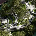 Scenic Park Landscape Design With Curved Pathways Lush Green Trees And Water Features