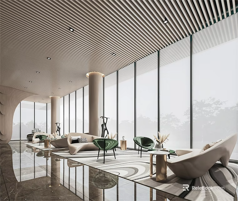 Modern Sales Office Interior With Large Windows Comfortable Sofas And Decorative Chairs 3d model 