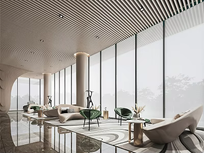 Modern Sales Office Interior With Large Windows Comfortable Sofas And Decorative Chairs 3d model