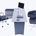 Modern Office Desk Setup with Computer Monitor Keyboard Desk Lamp Books and Comfortable Chairs