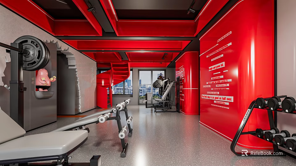 Red Themed Fitness Gym With Exercise Equipment Windows And Ceiling Pipes 3d model 