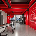 Red Themed Fitness Gym With Exercise Equipment Windows And Ceiling Pipes