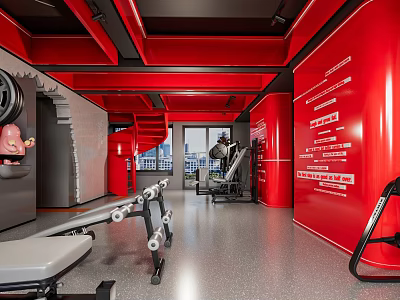 Red Themed Fitness Gym With Exercise Equipment Windows And Ceiling Pipes 3d model