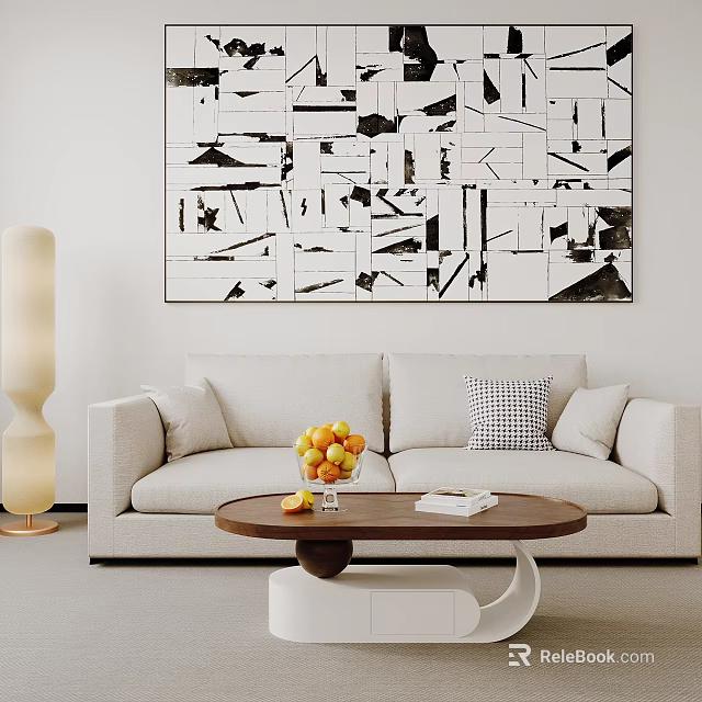 Modern Coffee Table With Oranges Book And Pillows In Living Room With Abstract Painting 3d model 