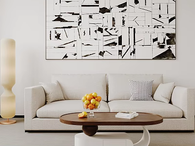 Modern Coffee Table With Oranges Book And Pillows In Living Room With Abstract Painting 3d model