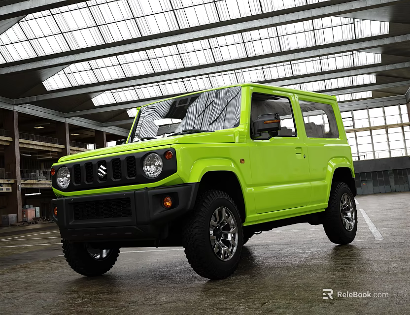 Green Suzuki Jimny Off Road Vehicle Parked In Industrial Style Garage With Large Windows 3d model 