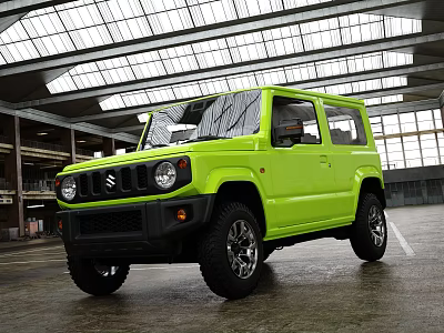 Green Suzuki Jimny Off Road Vehicle Parked In Industrial Style Garage With Large Windows 3d model