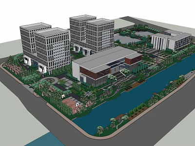 Modern Office Building Complex With Multiple High Rise Structures And Landscaped Waterfront Gardens 3d model