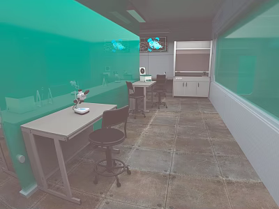 Modern Laboratory Interior With Green Walls Lab Tables Chairs Cabinets And Stone Floor 3d model