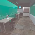 Modern Laboratory Interior With Green Walls Lab Tables Chairs Cabinets And Stone Floor