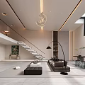 Modern Duplex Living Room Interior Design With Large Windows Hanging Chandelier And Modern Furniture