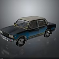 Vintage Blue Sedan with Beige White Top and Yellow Lettering Decals Worn Retro Exterior Design