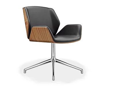Modern Office Chair With Black Leather Seat Wooden Backrest And Silver Metal Base 3d model