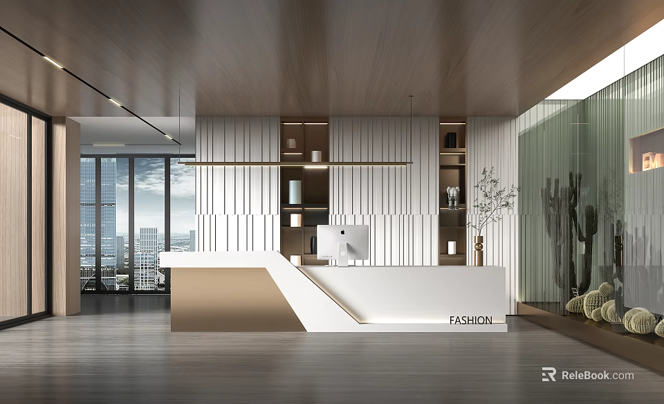 Modern Reception Desk Interior With Wooden Ceiling White Counter And Decorative Plants 3d model 