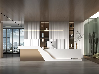 Modern Reception Desk Interior With Wooden Ceiling White Counter And Decorative Plants 3d model