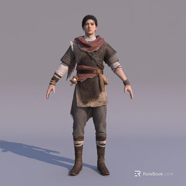 Brave Character In Brown Red Outfit With Waist Pouch And Boots Standing Against Gray Background 3d model 