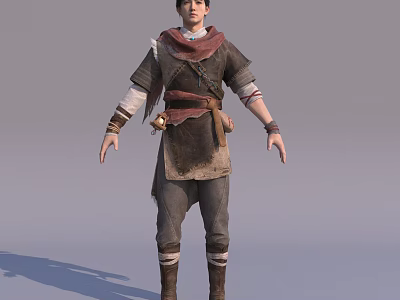 Brave Character In Brown Red Outfit With Waist Pouch And Boots Standing Against Gray Background 3d model