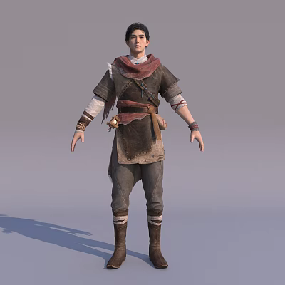 Brave Character In Brown Red Outfit With Waist Pouch And Boots Standing Against Gray Background 3d model