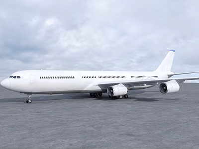 White Commercial Passenger Airplane Parked on Tarmac Under Cloudy Sky 3d model