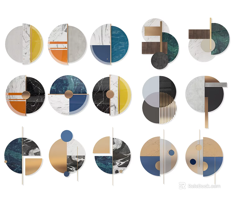 Modern Geometric Wall Decor with Circular Shapes Various Colors and Marble Patterns 3d model 