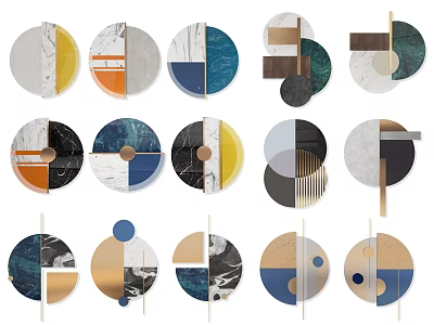 Modern Geometric Wall Decor with Circular Shapes Various Colors and Marble Patterns 3d model