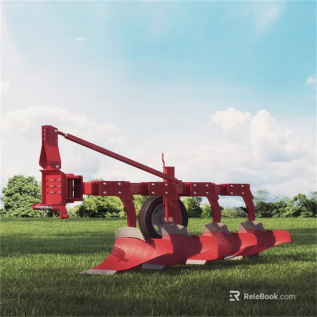 Red Agricultural Industrial Equipment Plow With Metal Frame And Green Grass Field Background 3d model 